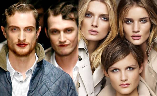 Vivienne Westwood Male models with lipstick / Striking Nina Porter with fellow Burberry Models Rosie Huntington-Whitely and Lily Donaldson