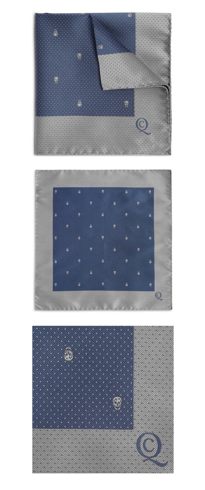 Alexander McQueen Skull Emblem Silk Pocket Square blue/silver