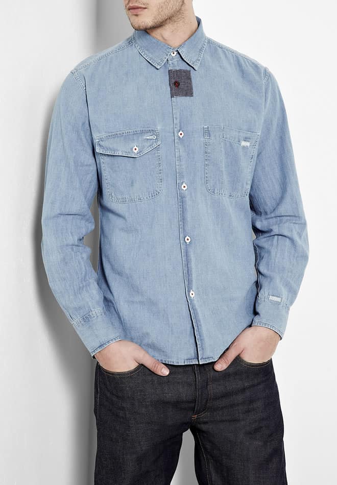 Universal Works Blue Chambray Repaired Work Shirt