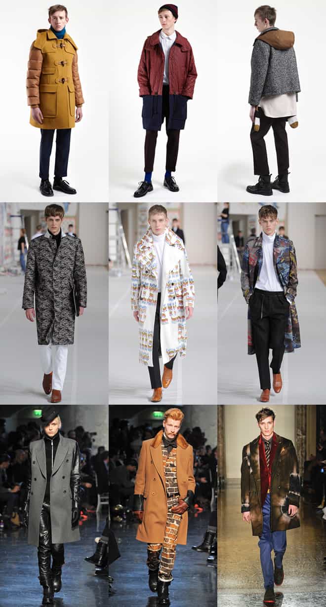 Mens Blockbuster Coats on the runways of Carven, Dries van Noten, Moschino and Jean Paul Gaultier